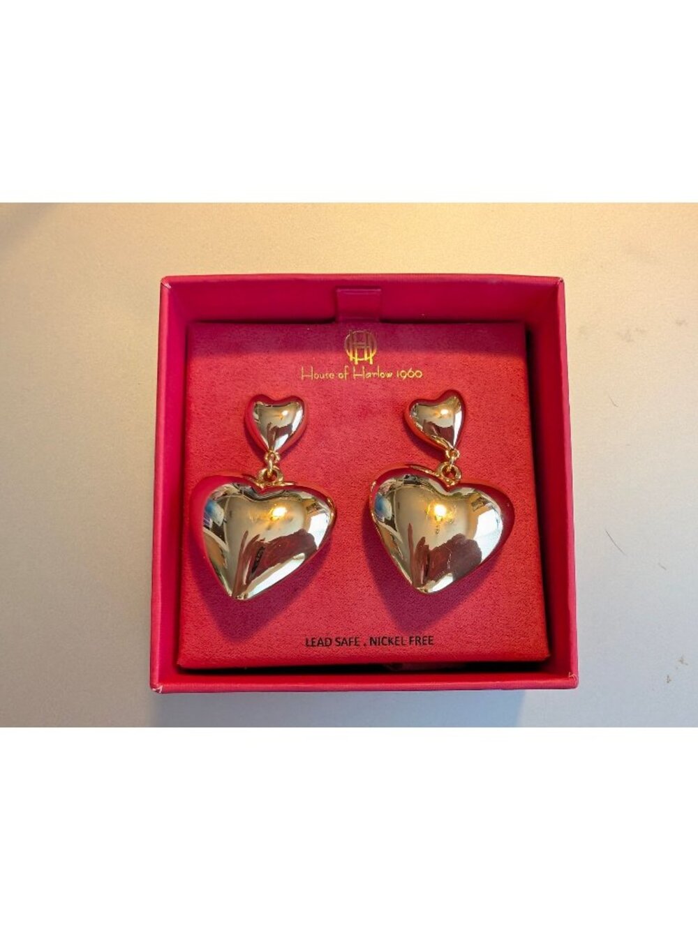 House Of Harlow 1960 Gold-Tone Heart Drop Earrings In Red Gift Box